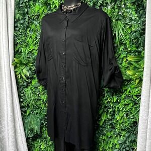 Woman Within Dress‎ 3X Black Button Down Shirt Roll Tab Sleeves Lagenlook 2882